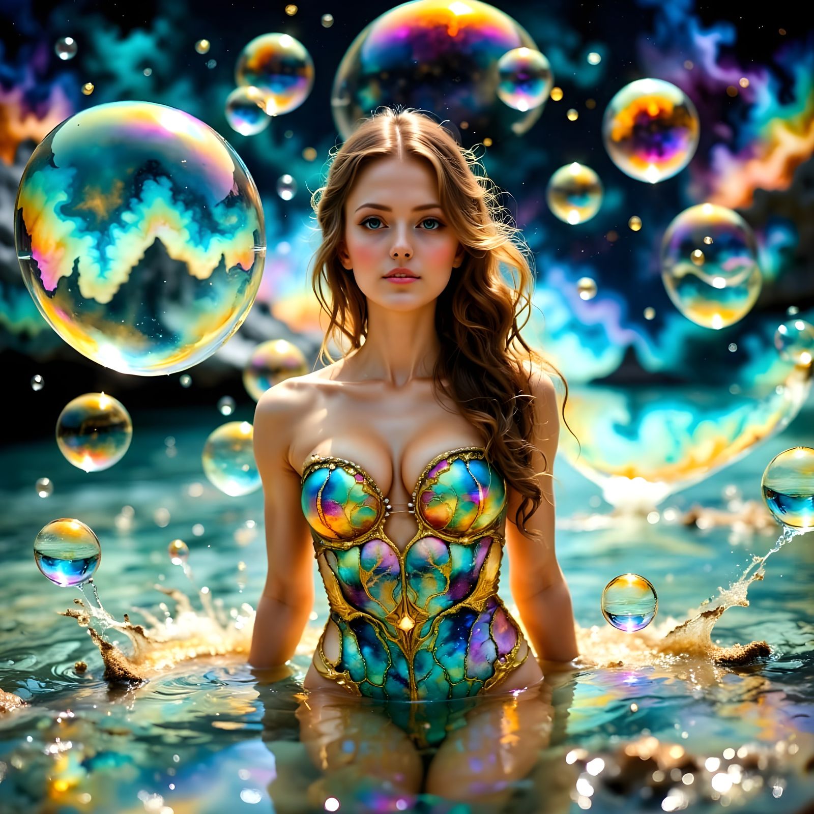 Ethereal Lady of the Lake in a Tapestry of Iridescent Bubble...