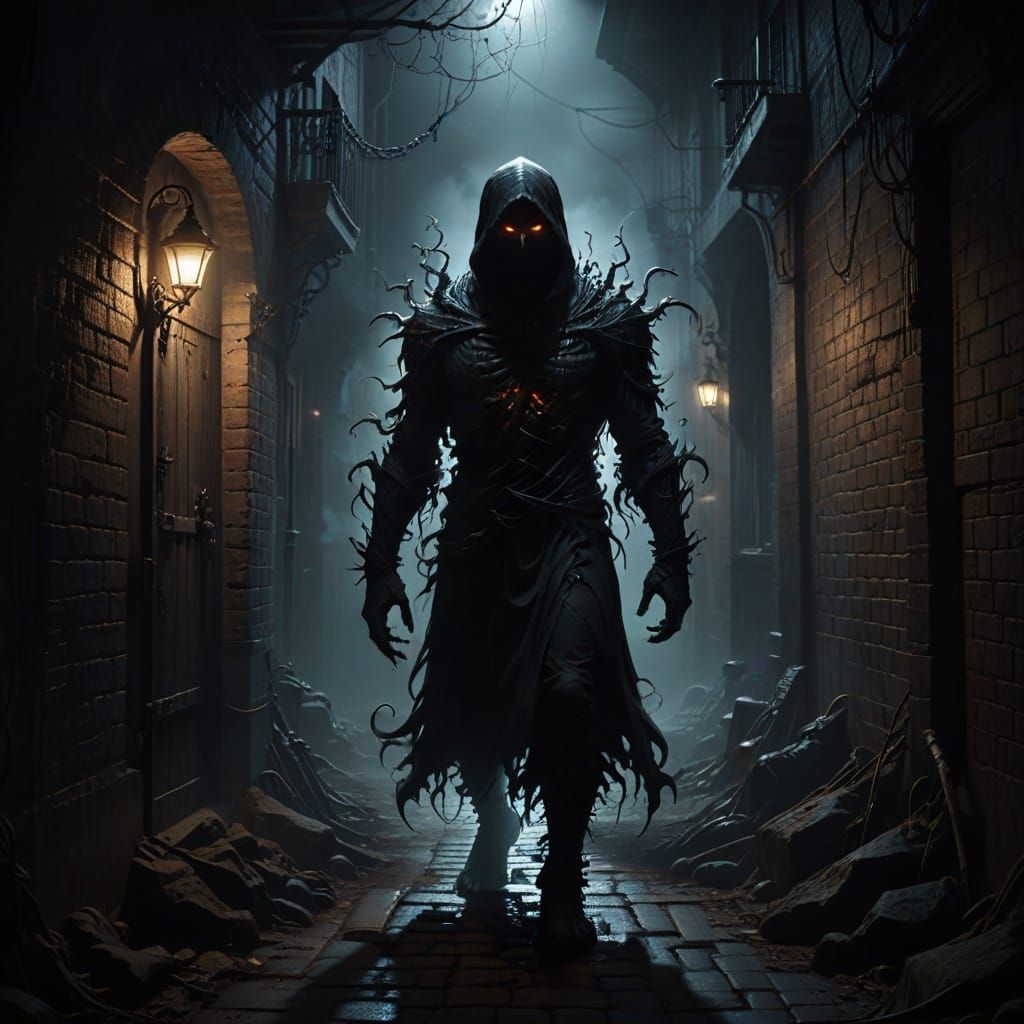 Surreal Shadow Monster Lurks in Dark Alleyway