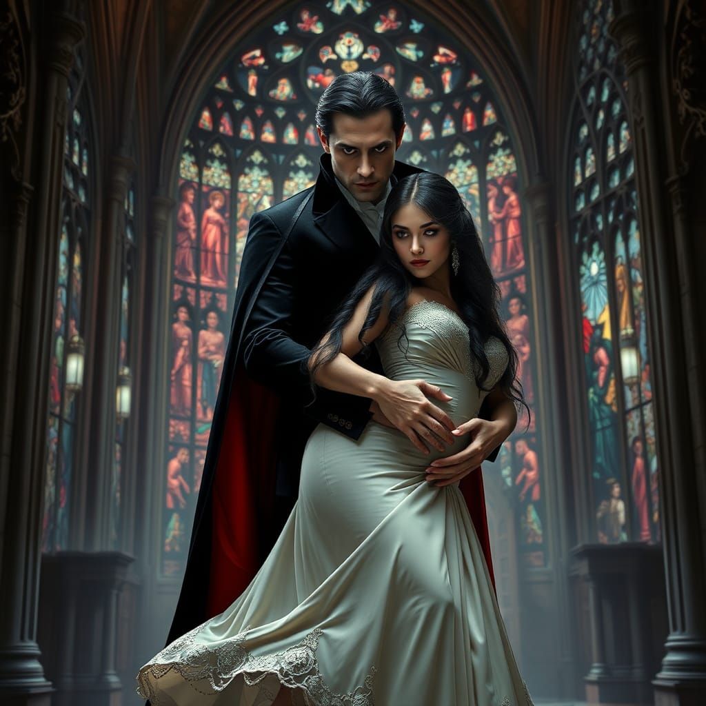 Handsome Gerard butler looking dracula carrying a curvy beautiful innocent looking woman with long flowing dark hair wit...