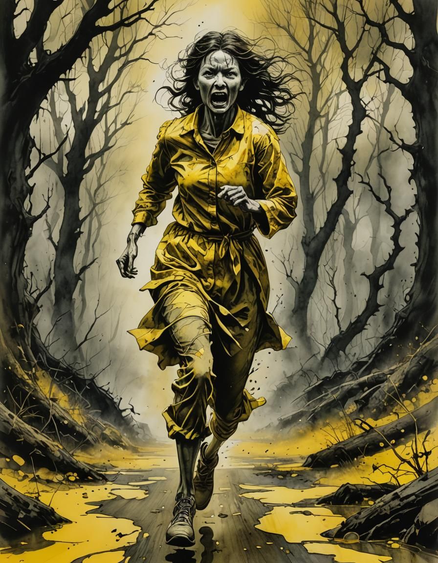 Scared Woman Running From Mysterious Figure in Sumi-e Style