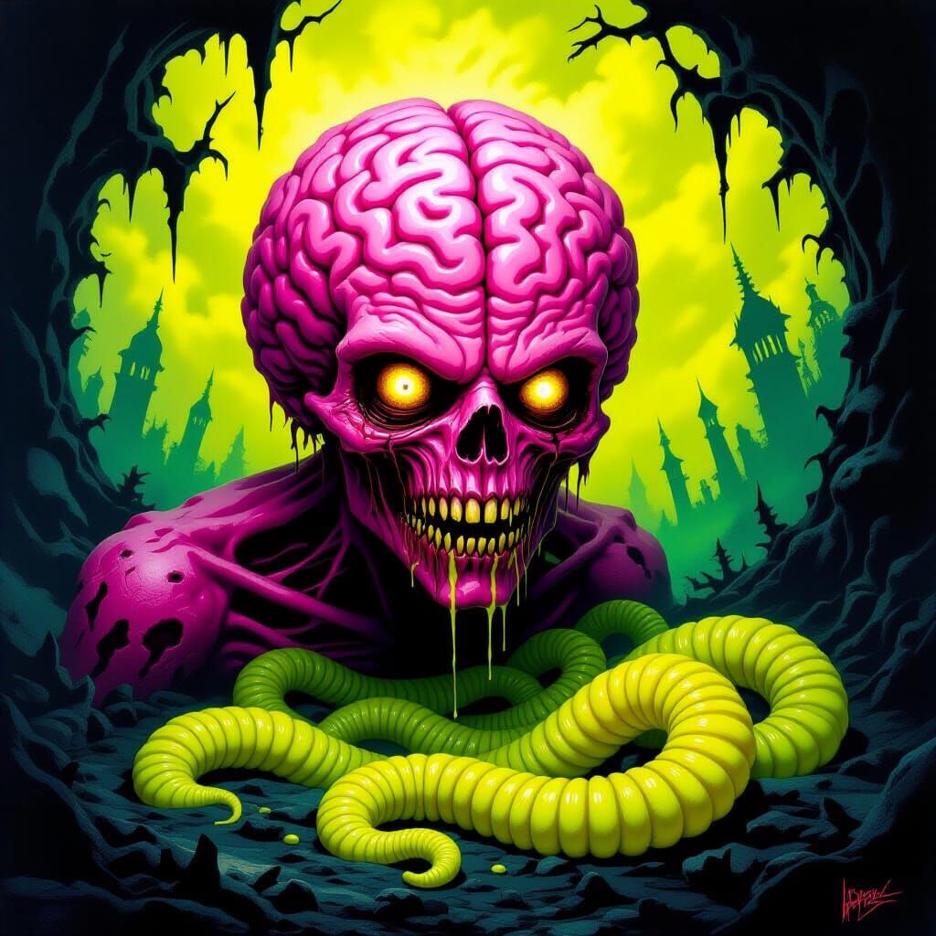 Grotesque Creature With Exposed Brain and Worms