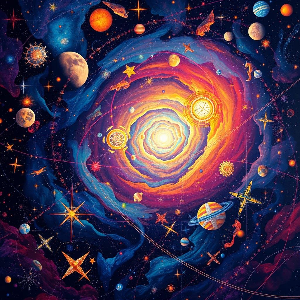 Kaleidoscopic Galaxy of Luminous Stars in Mixed Media Style