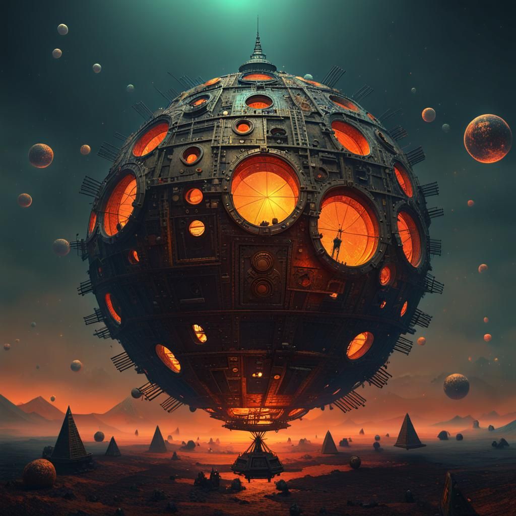 Mechanical Marvel: The Strange Steampunk Sphere Above Pyramid Shadows
