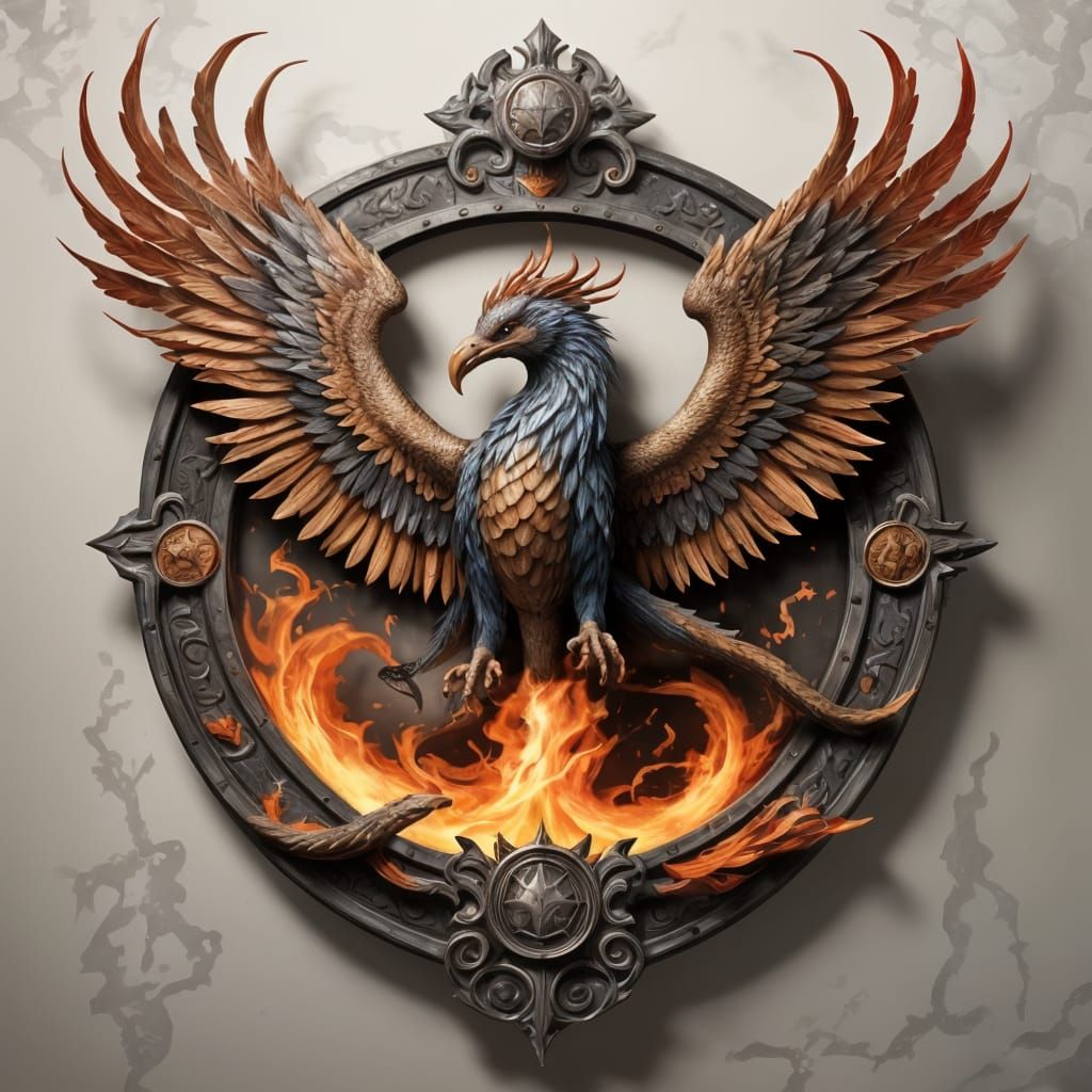 Phoenix and Snake Battle Shield with Fiery Background