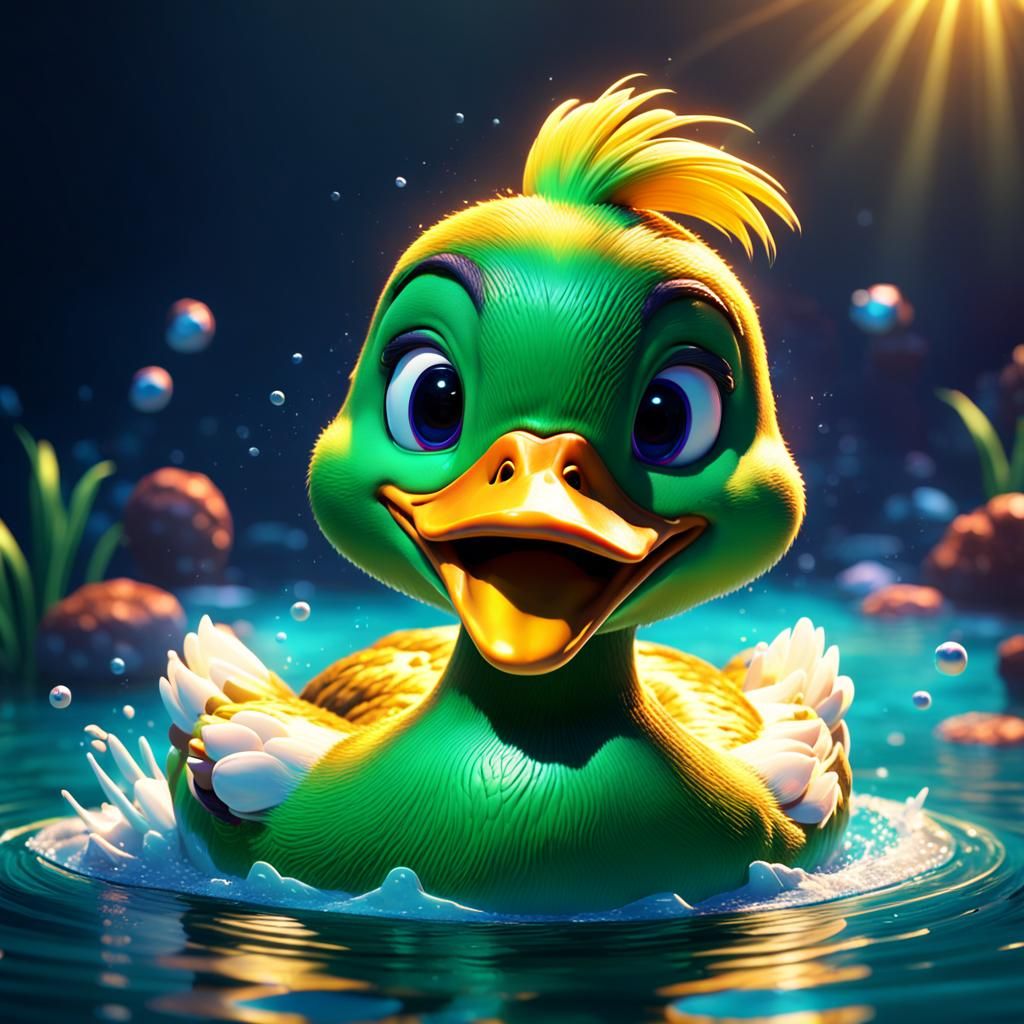 Cute Duck Winking in Water: Pixar-Style 3D Art