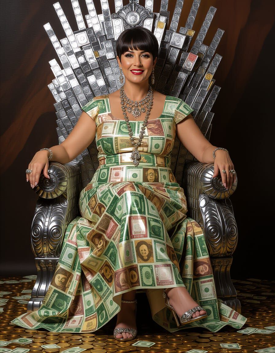 Egyptian Businesswoman in Coin Gown on Silver Throne