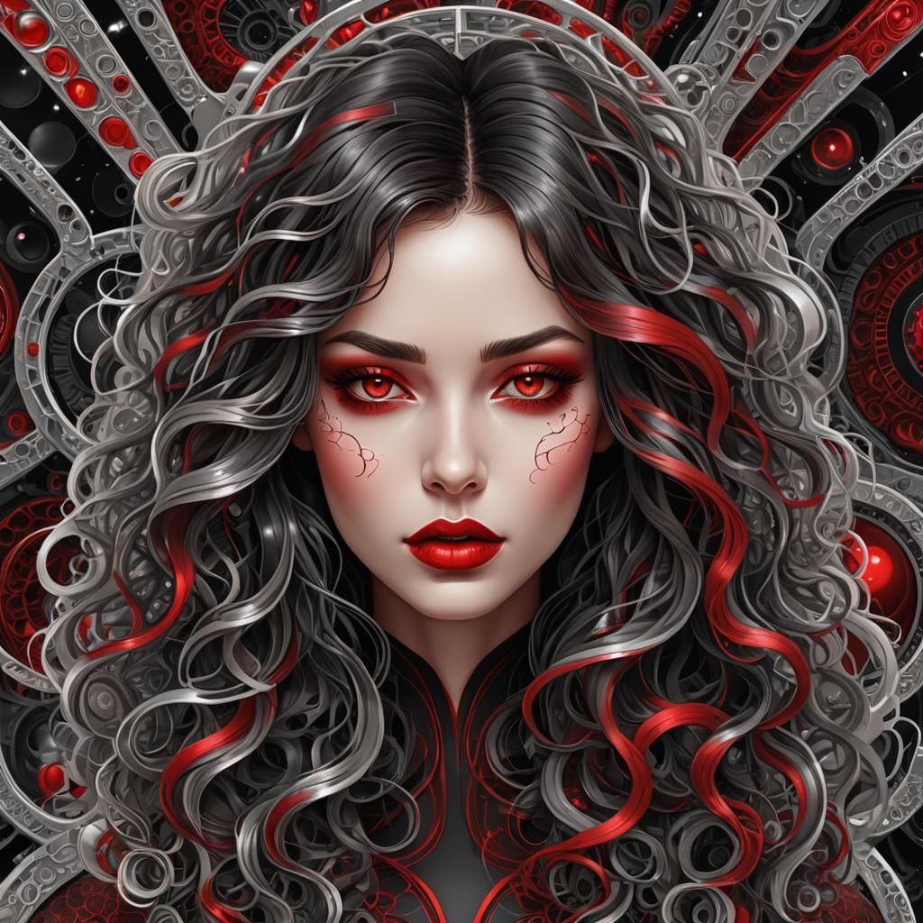 Red-Eyed Figure with Metallic Hair on Spaceship