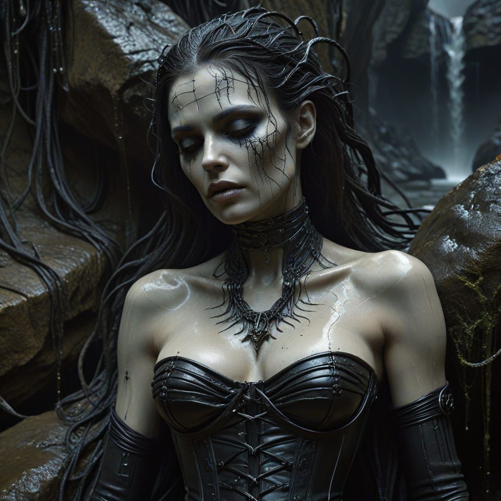 Gothic Corset Portrait by Waterfall in Film Noir Style