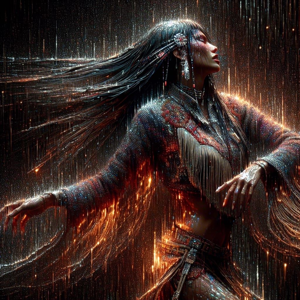 Native American Woman Dancing in the Rain as Impasto Paintin...