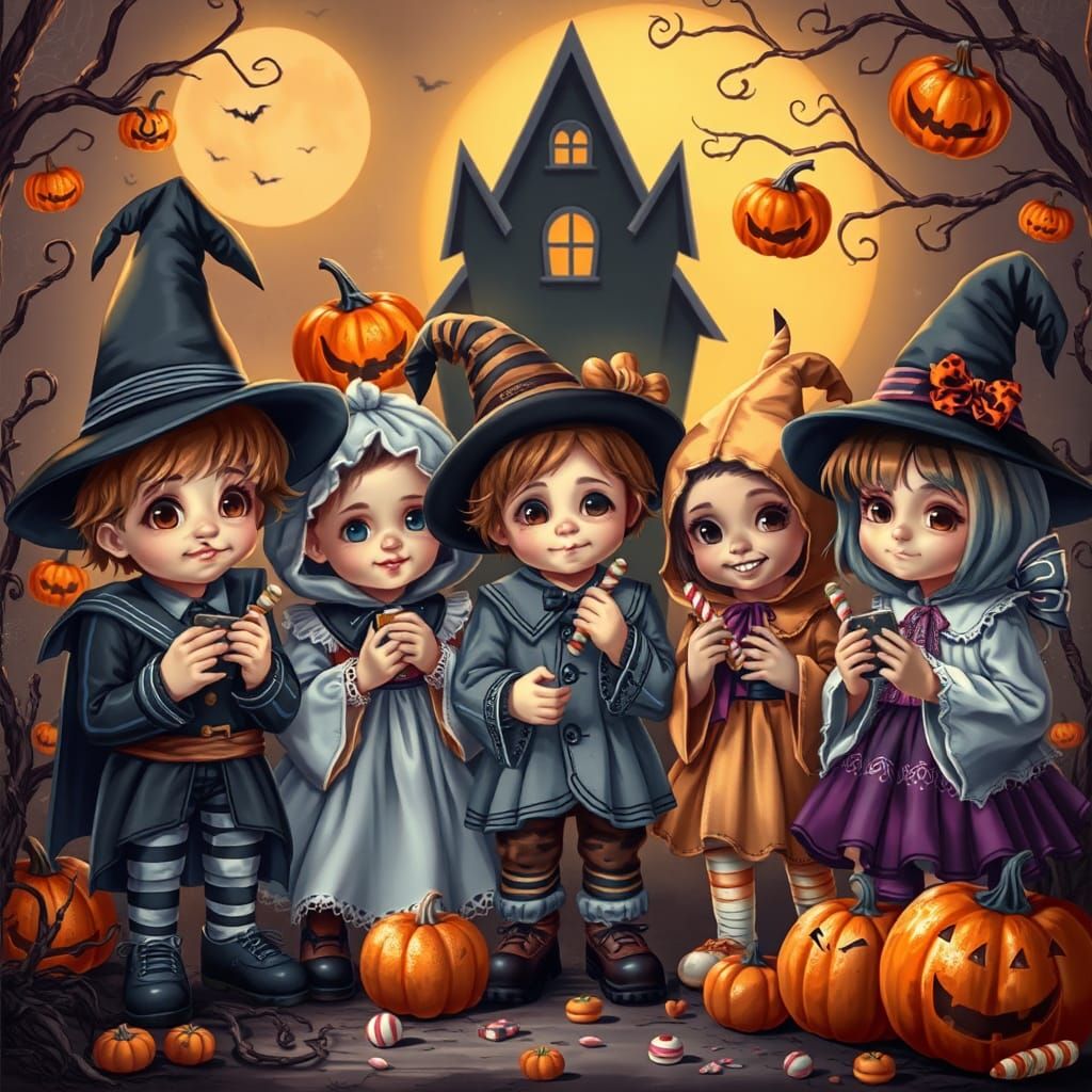 Halloween Scene with Children in Costume