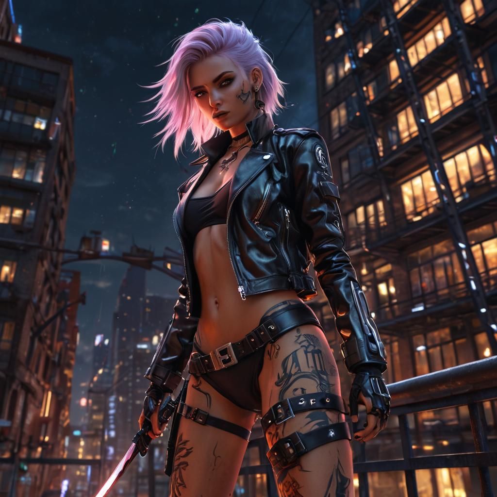 Anime Cyborg Girl with Laser Katana in Bio-Punk Style