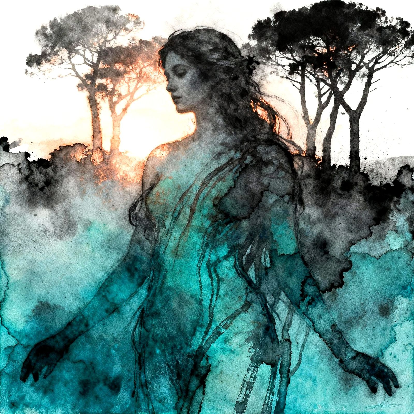 Mystical Dryad Goddess Amidst Silhouetted Trees