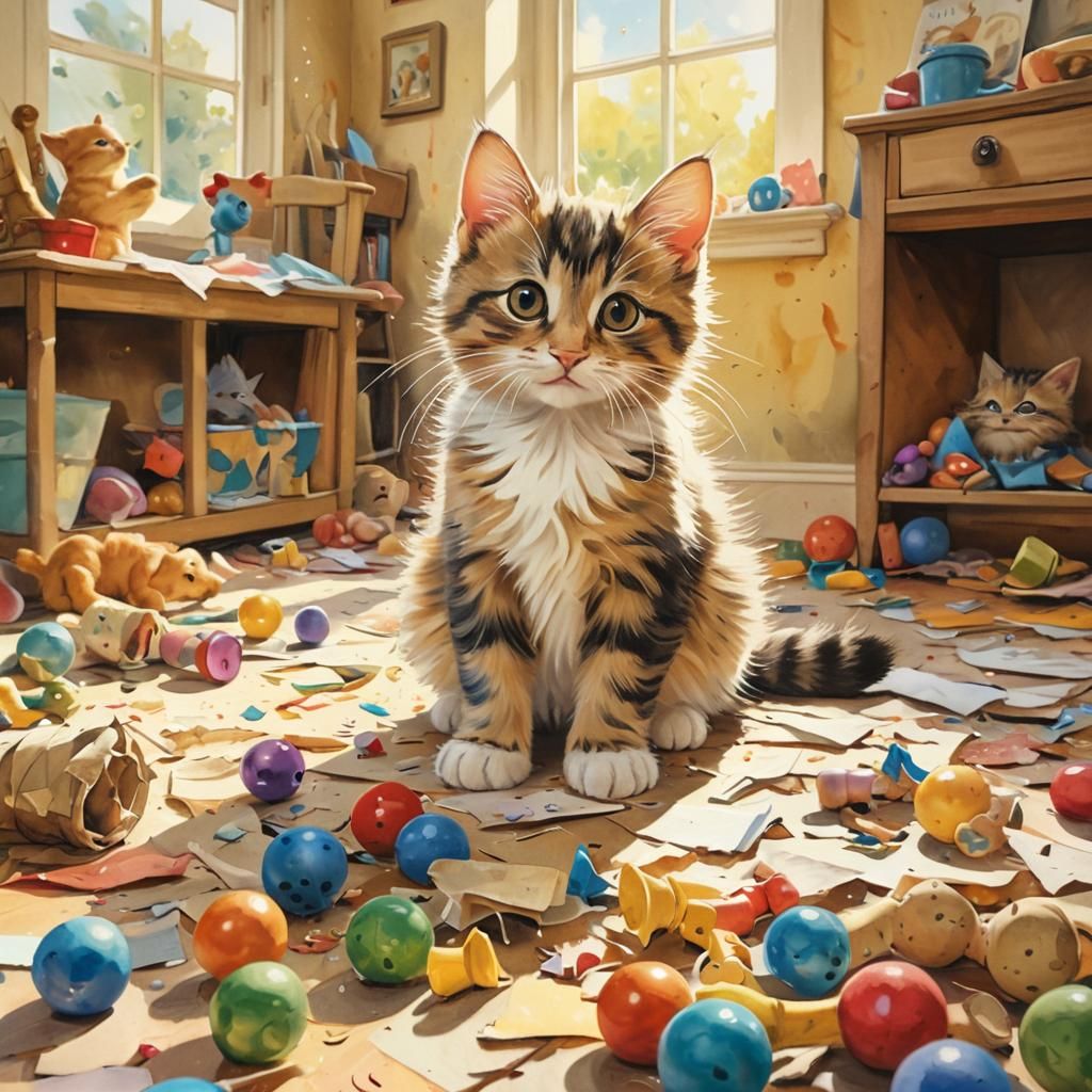 Mischievous Kitten in Watercolor Whimsy Style