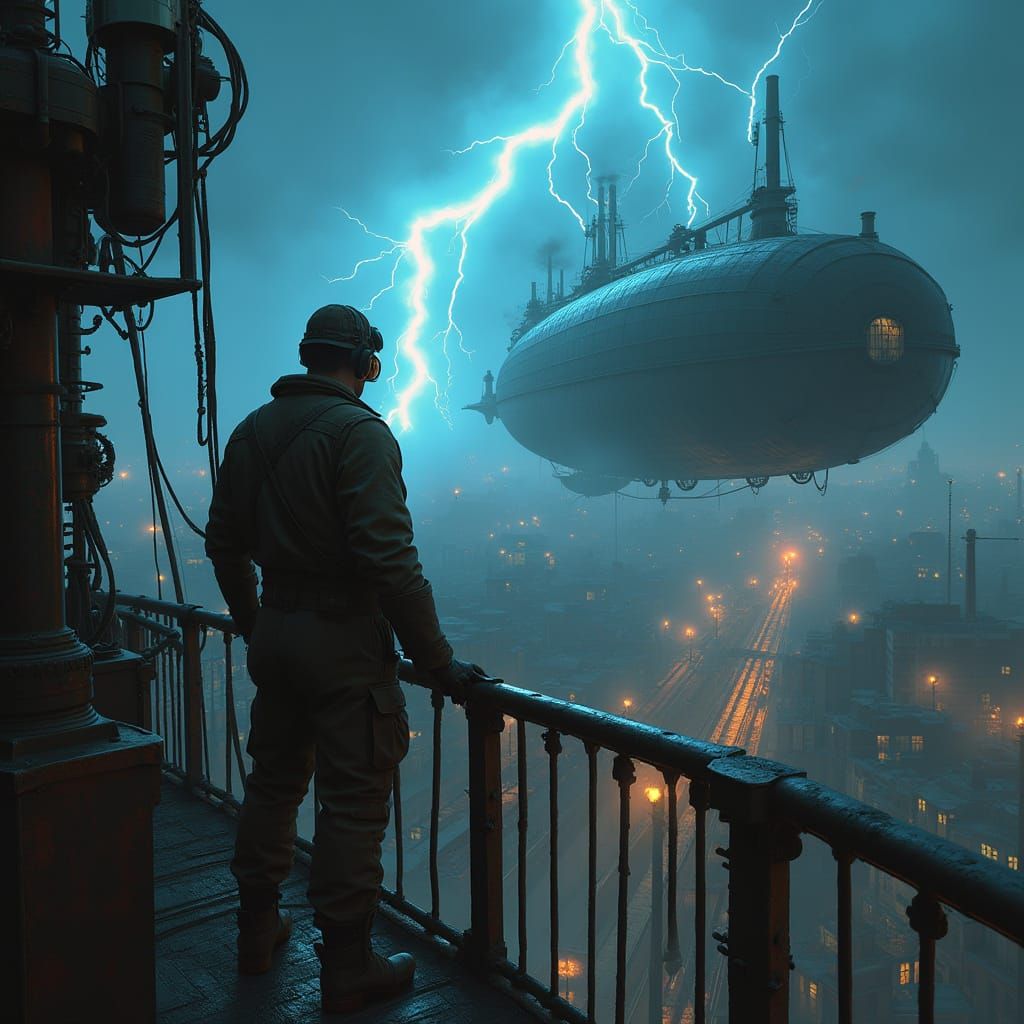 Dieselpunk Engineer Overlooking Industrial Metropolis on Air...