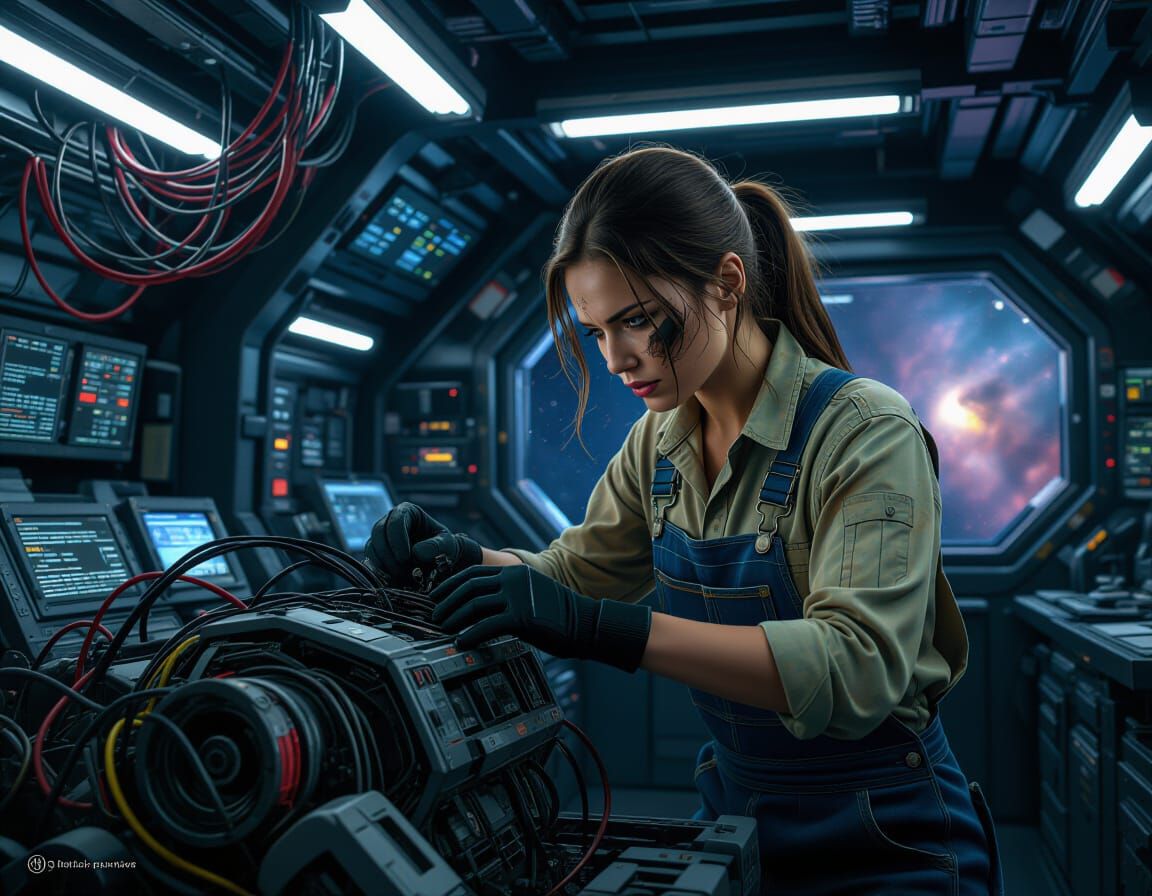 Photorealistic Woman Mechanic Repairs Robot on Space Station