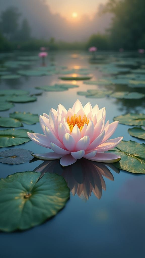 Water Lilies on Pond: Impressionistic Twilight Reflection