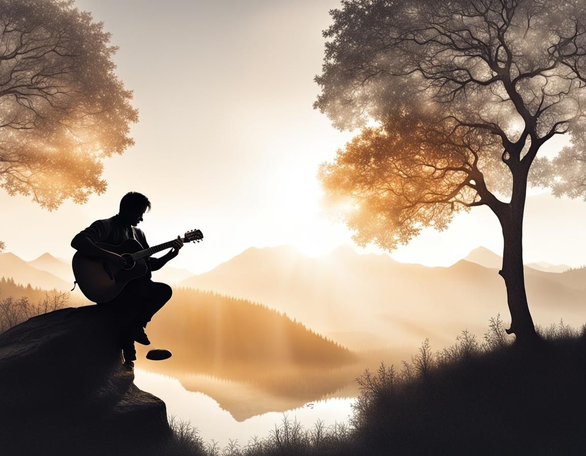 Acoustic Guitar Four Seasons Double Exposure Digital Art