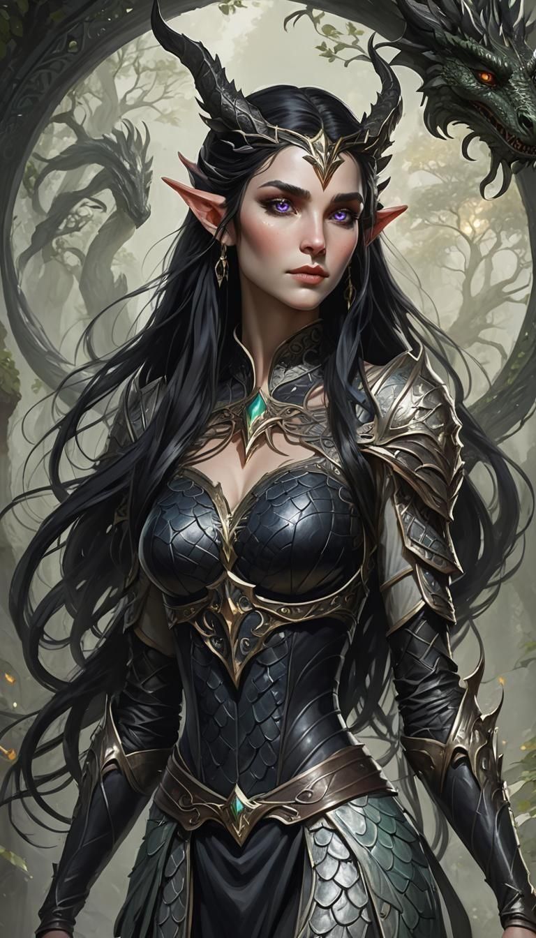 Elegant Elf/Tiefling Hybrid in Ethereal Forest