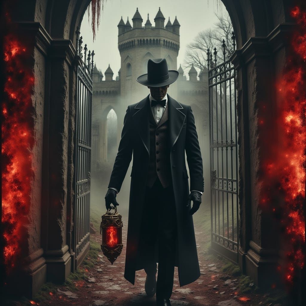 Victorian Man Guards Flesh Castle in Dark Surrealism