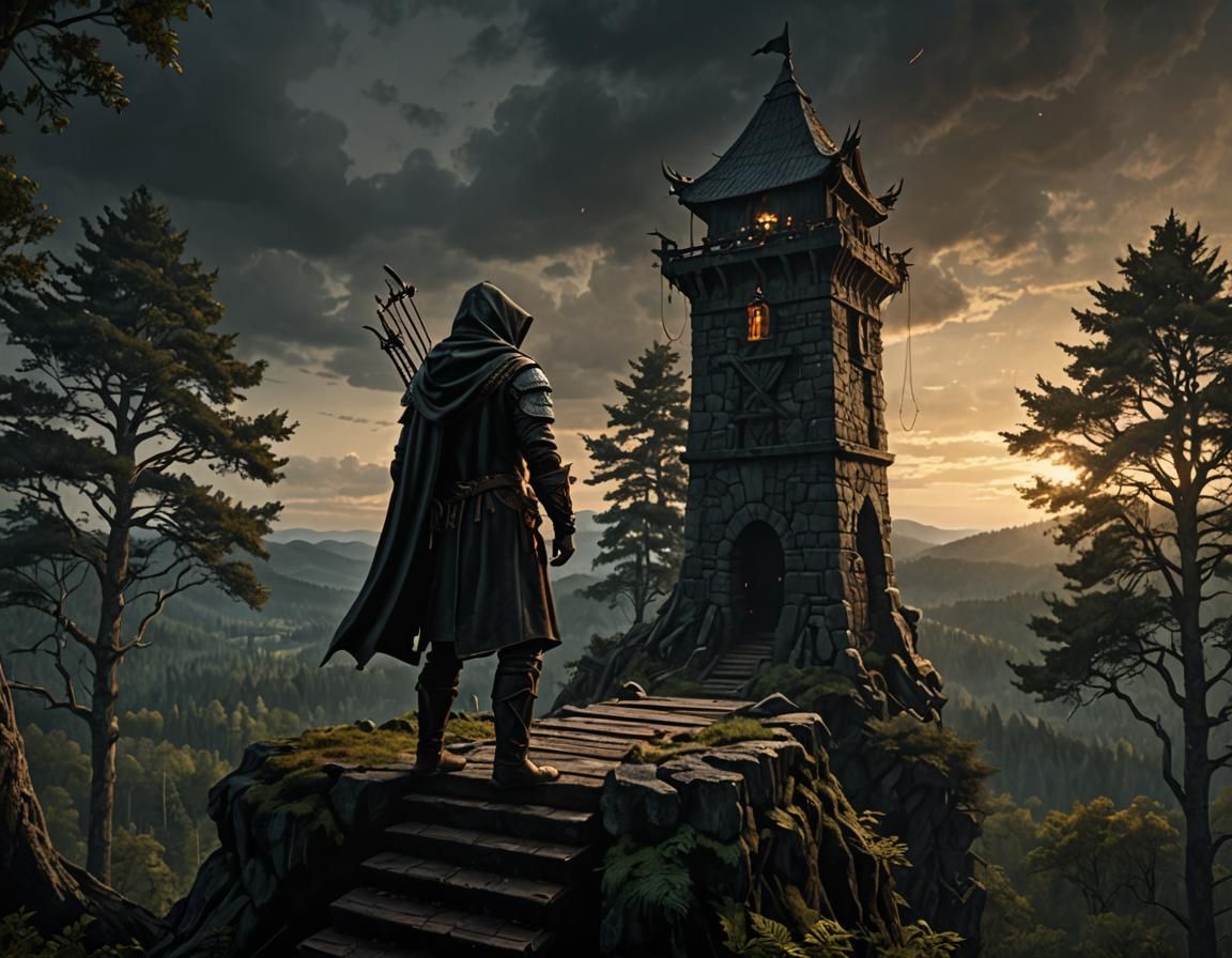 Archer on Watchtower in Gloomy Forest