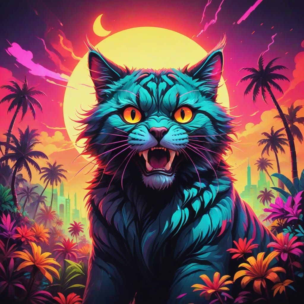 Vibrant Neon Cat Illustration