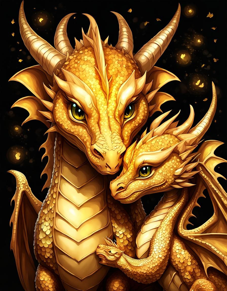 Loving Dragon Family Portrait in Golden Hues