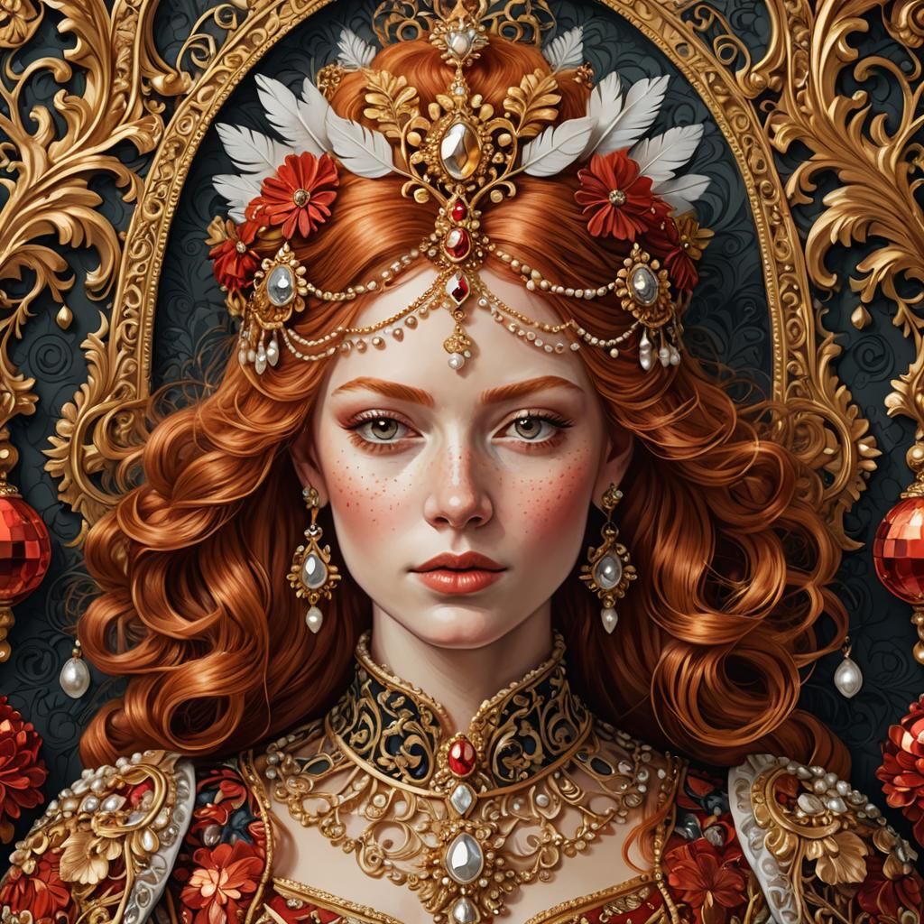 Ornate Red-Haired Queen in Baroque Style