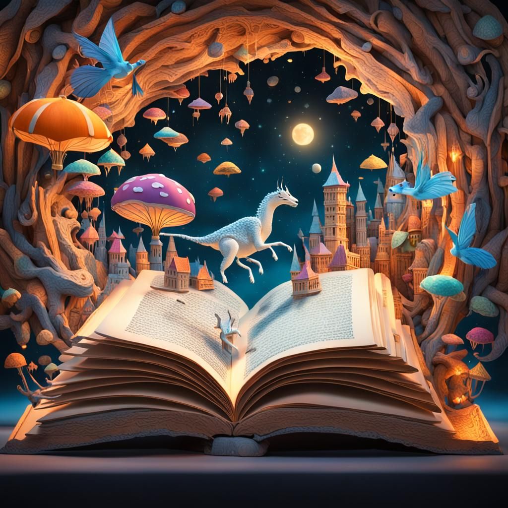 Magical Creature Emerges From Open Book in 3D Scene