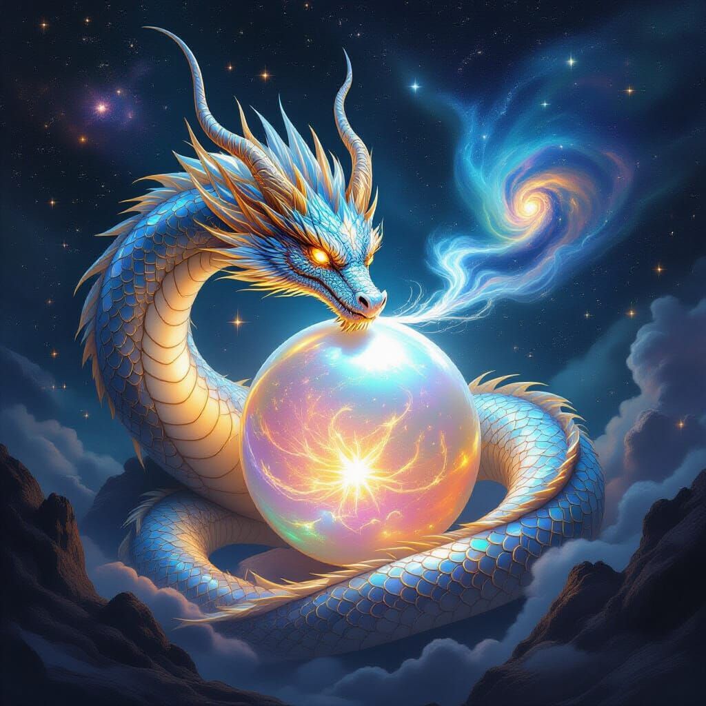 Celestial Dragon Coiled Around Luminous Pearl