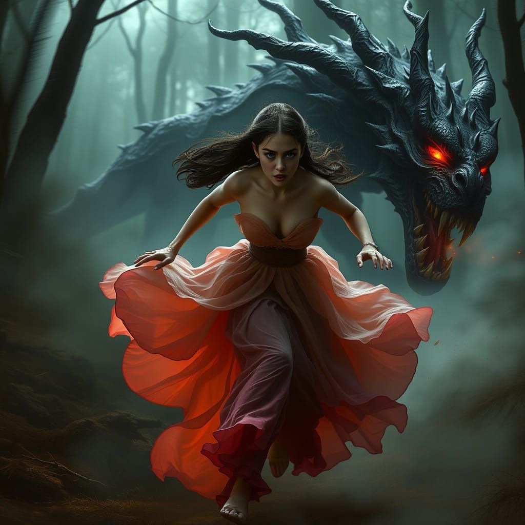 Fantasy Horror Woman Escapes Mythical Creature in Dark Fores...