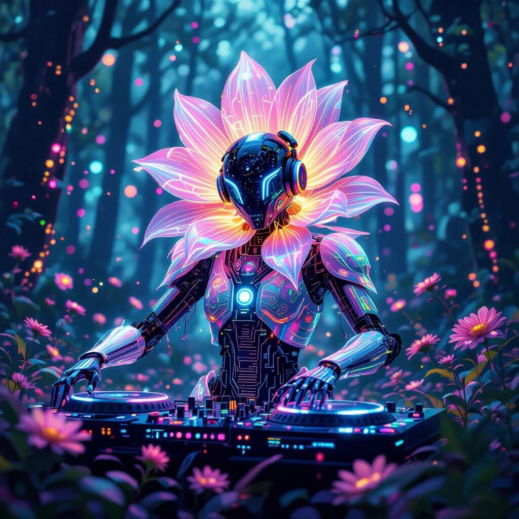 Bioluminescent Flower DJ in Cyberpunk Forest Rave