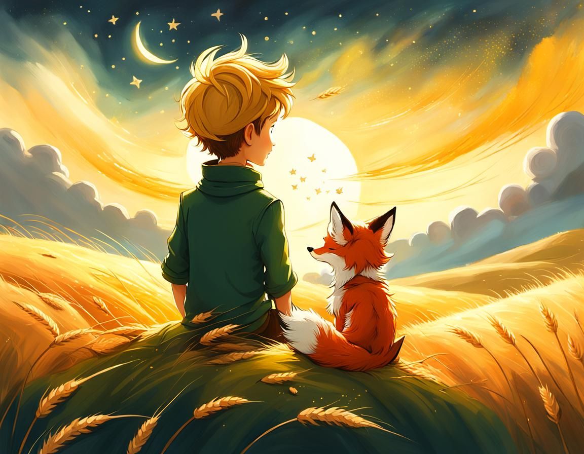 Little Prince and Fox in Wheat Field, Van Gogh Style