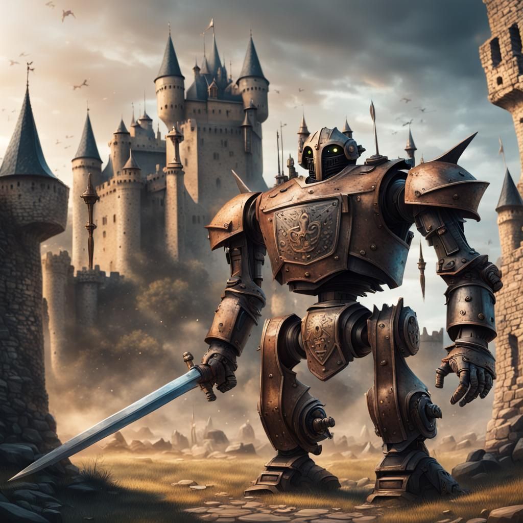 Medieval Sci-fi Robot Battle Near Castle