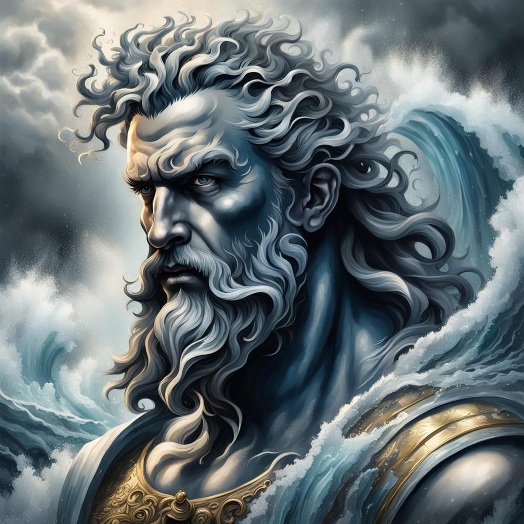 Poseidon in Stormy Seas: Hyper-Realistic Illustration