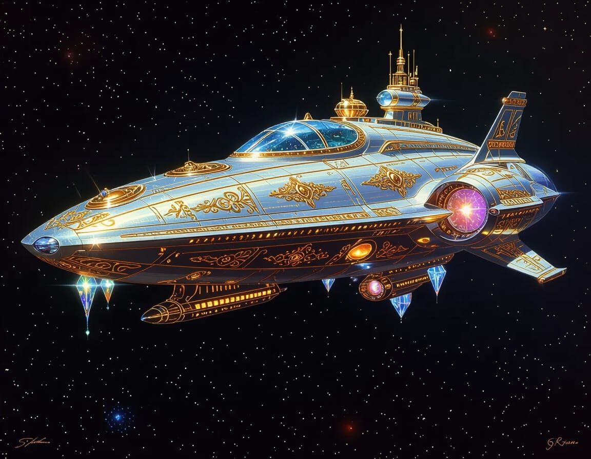 Opulent Starship with Golden Filigree and Crystal Accents