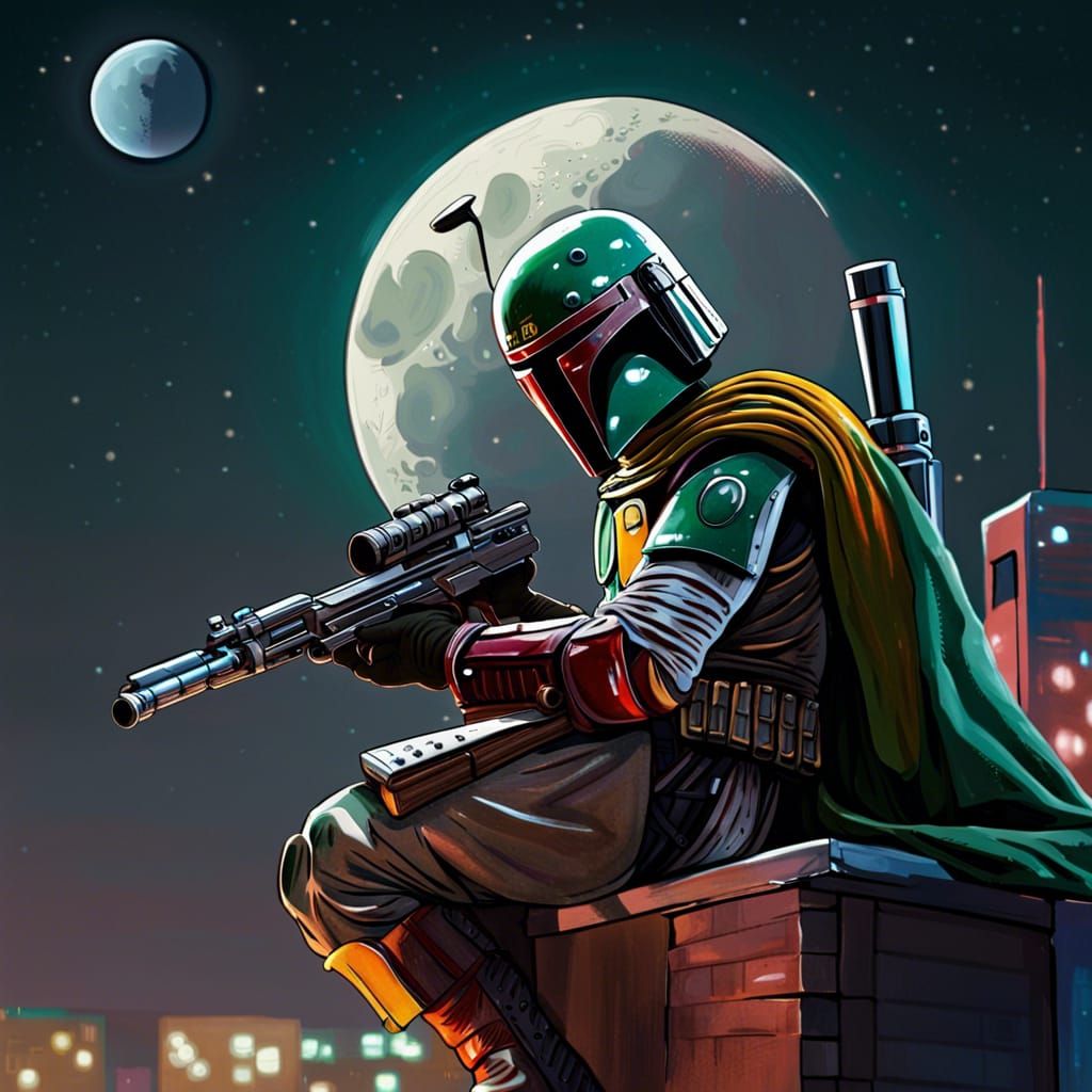 Boba Fett: Rooftop Vigil in Hyperrealistic Style