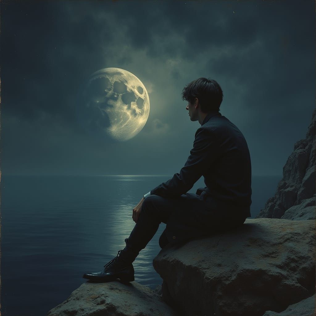 Mysterious Moonlit Figure Emerges from Misty Landscape