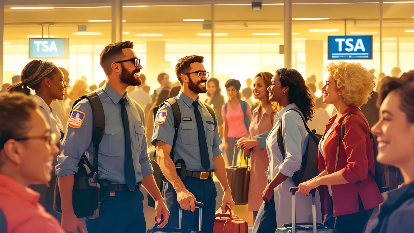 Diverse Travelers at TSA Screening with Welcoming Staff