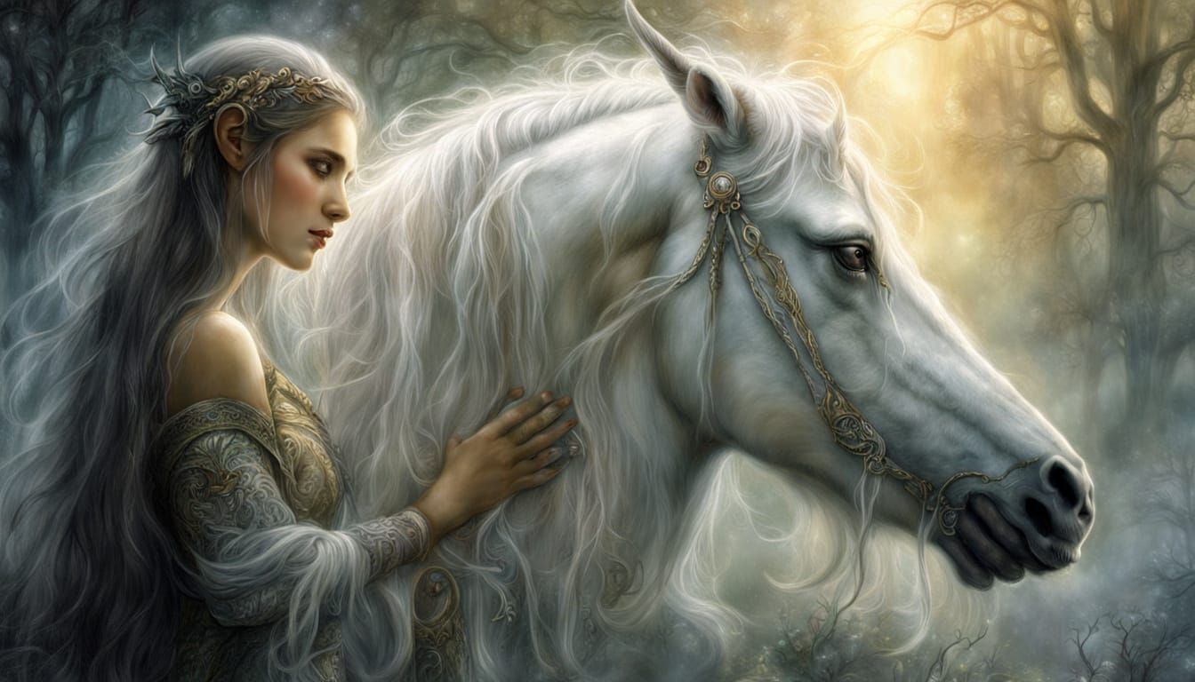 Elven Woman and Unicorn in Gothic Fantasy Style