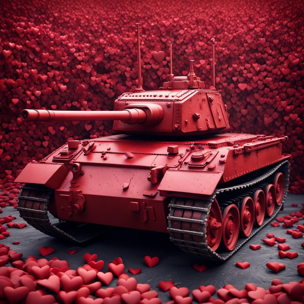 A tank made from thousands of red hearts .This tank shots only love not bullets