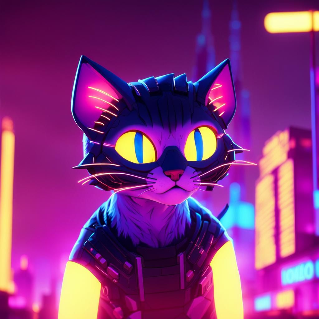 Cyberpunk Cat in Futuristic Cityscape