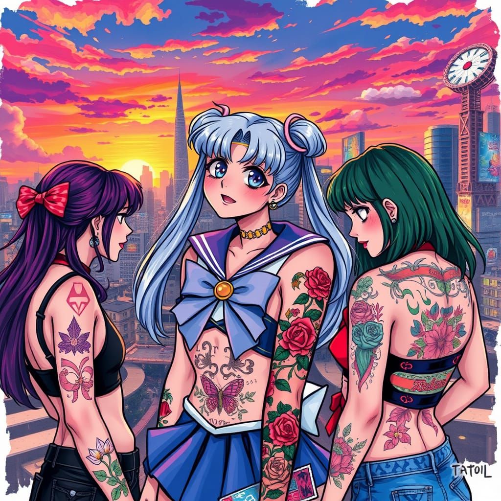 Magical Girls Unite in Tokyo Cityscape