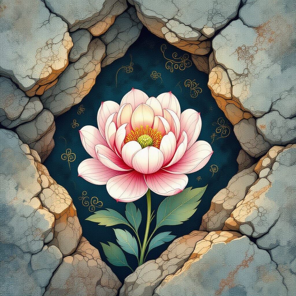 Blooming Flower in Crevice: Watercolor and Ink Art