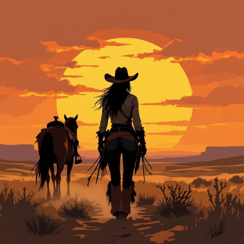 Cowgirl Silhouetted Against Fiery Sunset Prairie