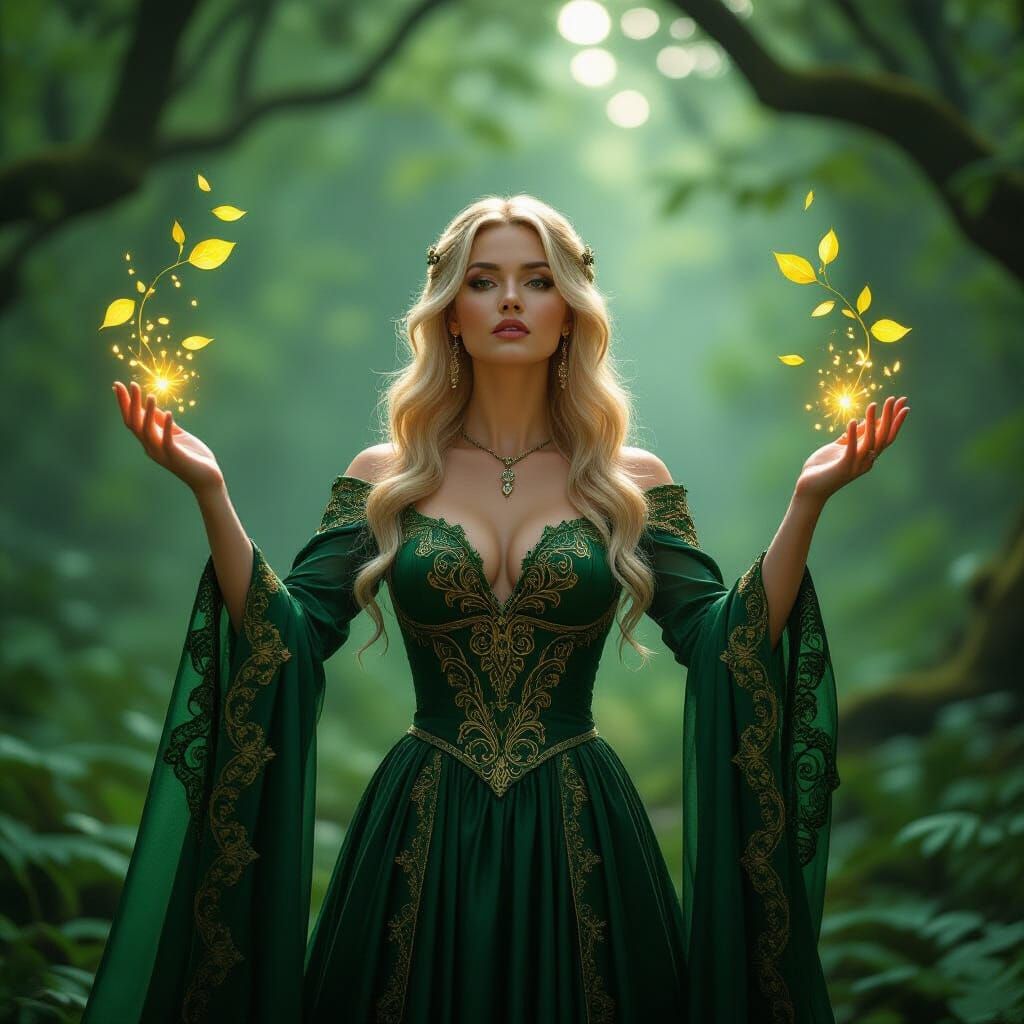Woman Channels Magic in Ornate Gown Amidst Mystical Forest