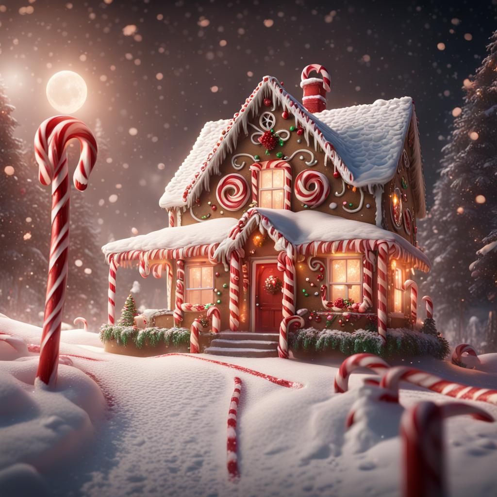 Candy Cane Lane Gingerbread House in Winter