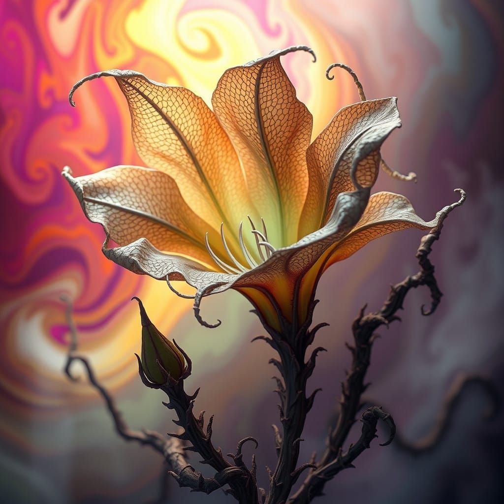 Ethereal Skeleton Bloom in Vibrant, Swirling Haze