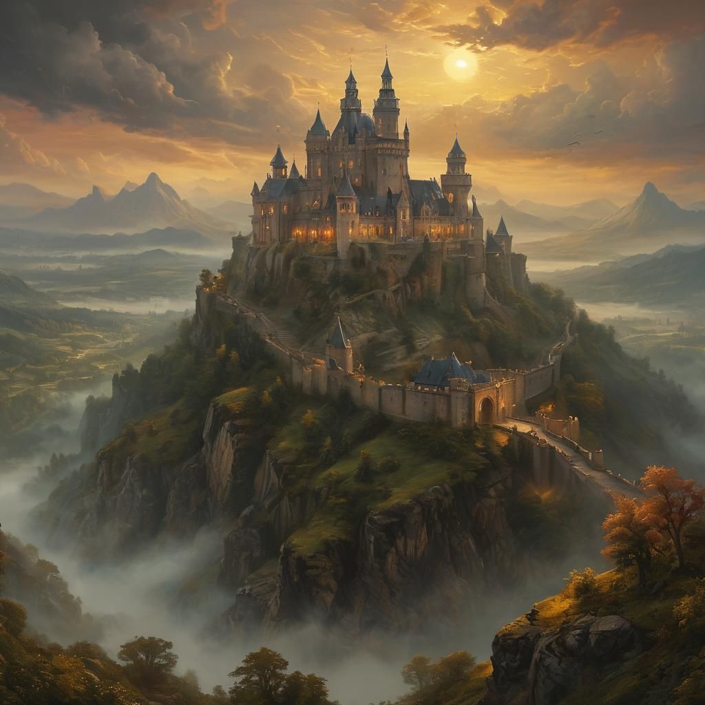 Mighty Castle on Misty Hilltop: Baroque Oil Painting