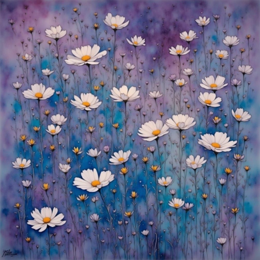 Exquisite Blue Florals in a Dreamy Evening Landscape