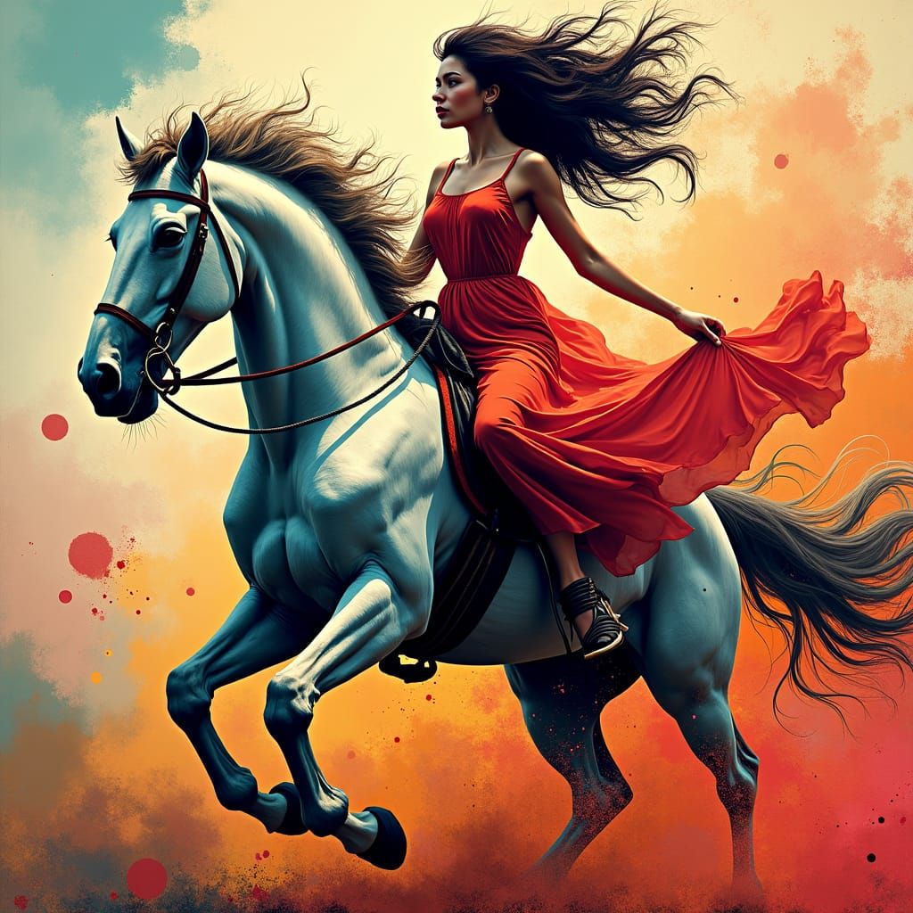Woman Riding Horse in Abstract Digital Art Style